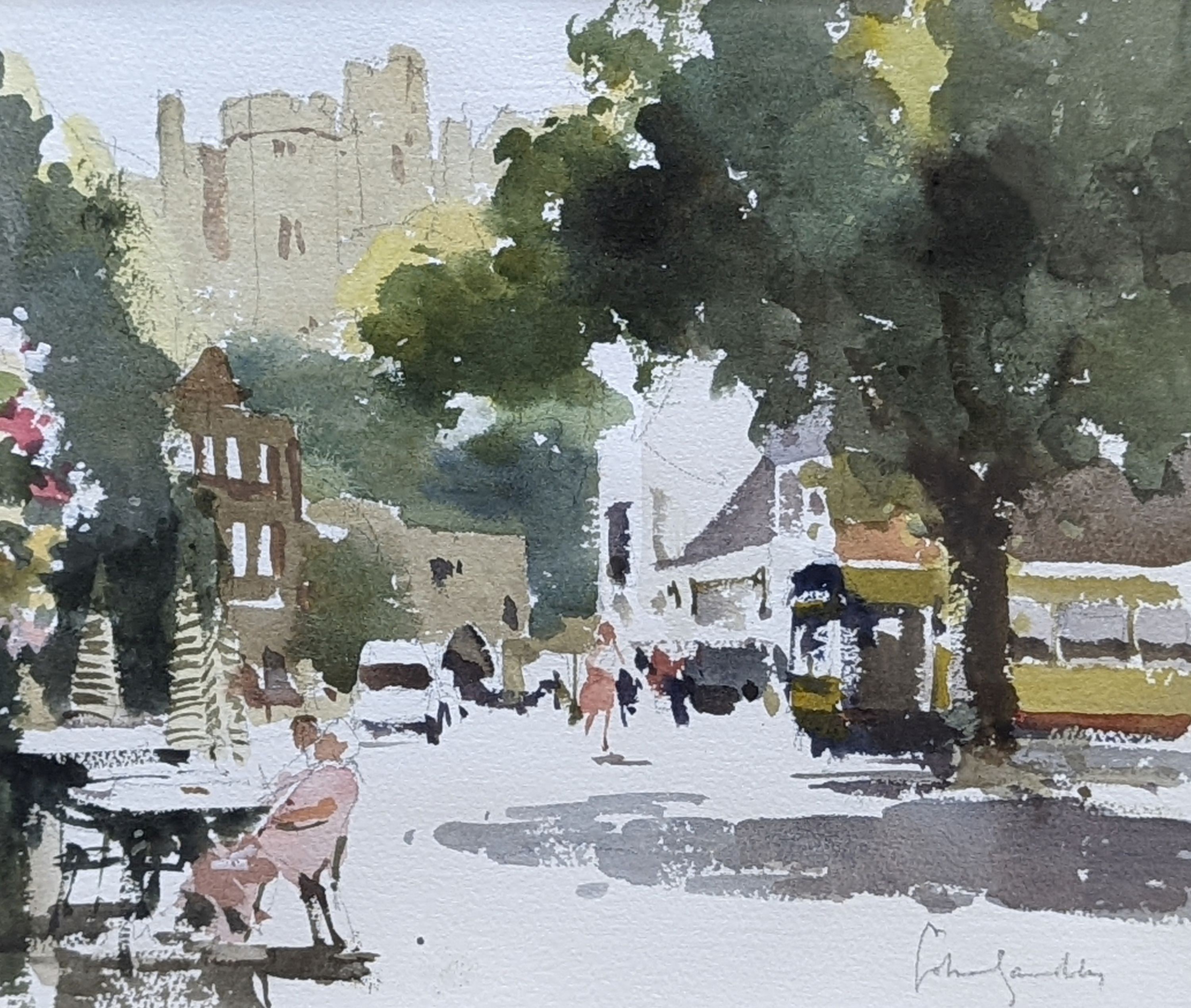 John Yardley (1933-), watercolour, Street scene with castle beyond, 30 x 35cm